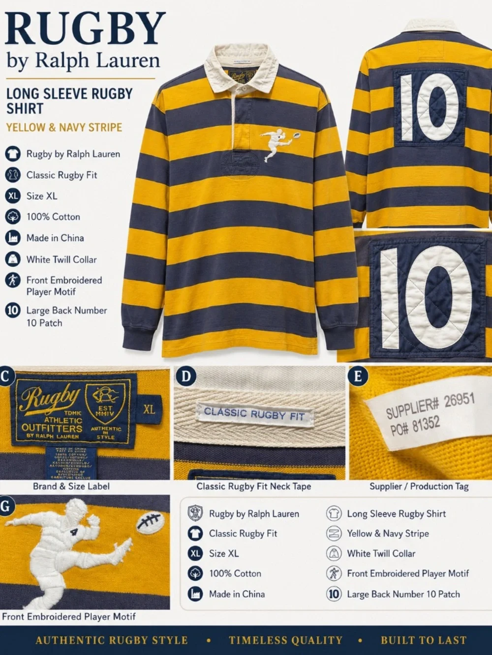 RARE Rugby Ralph Lauren XL Number 10 Classic Rugby Fit Yellow Navy